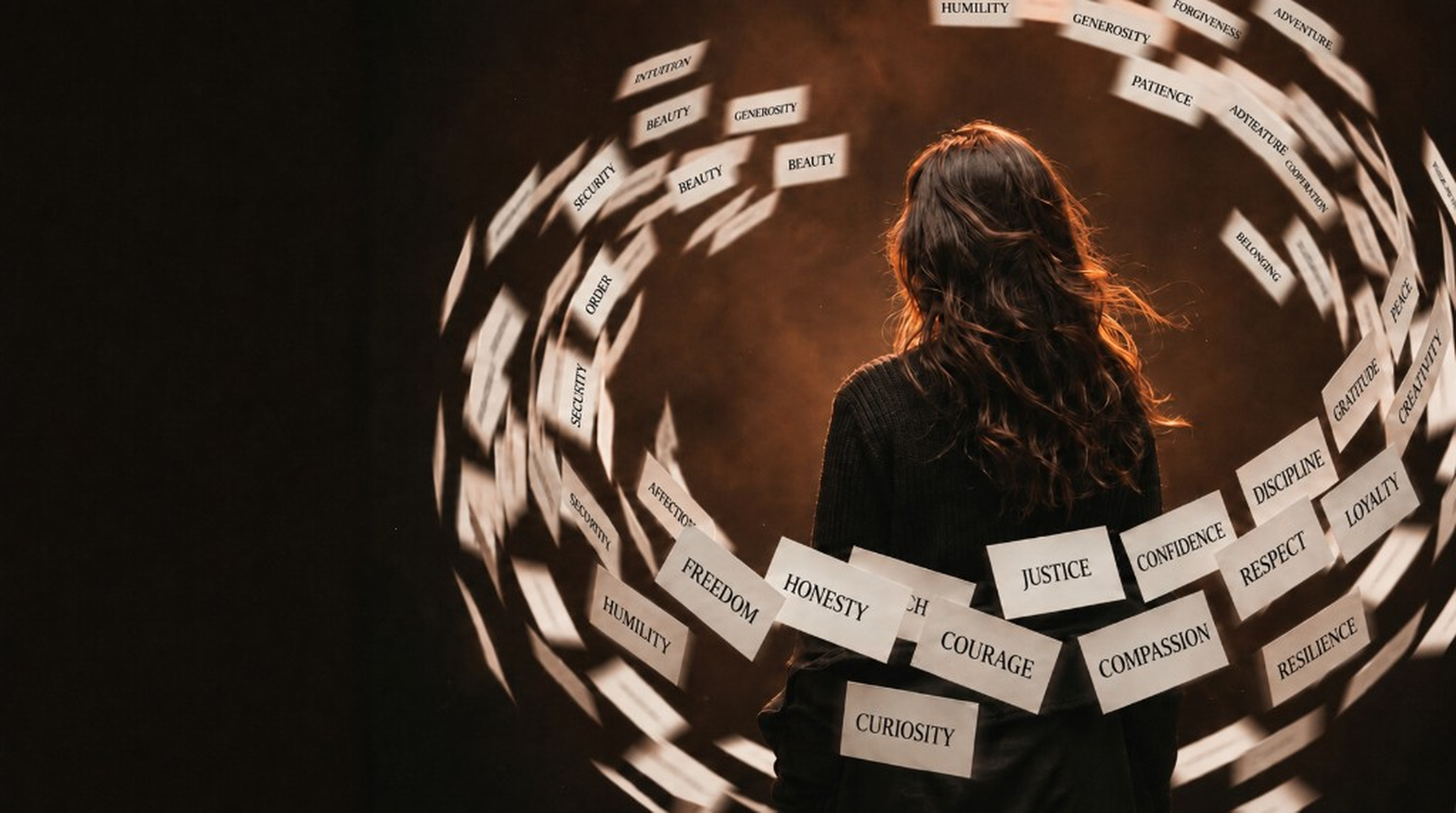 Person seen from behind as a vortex of cards labeled with value names swirls around them